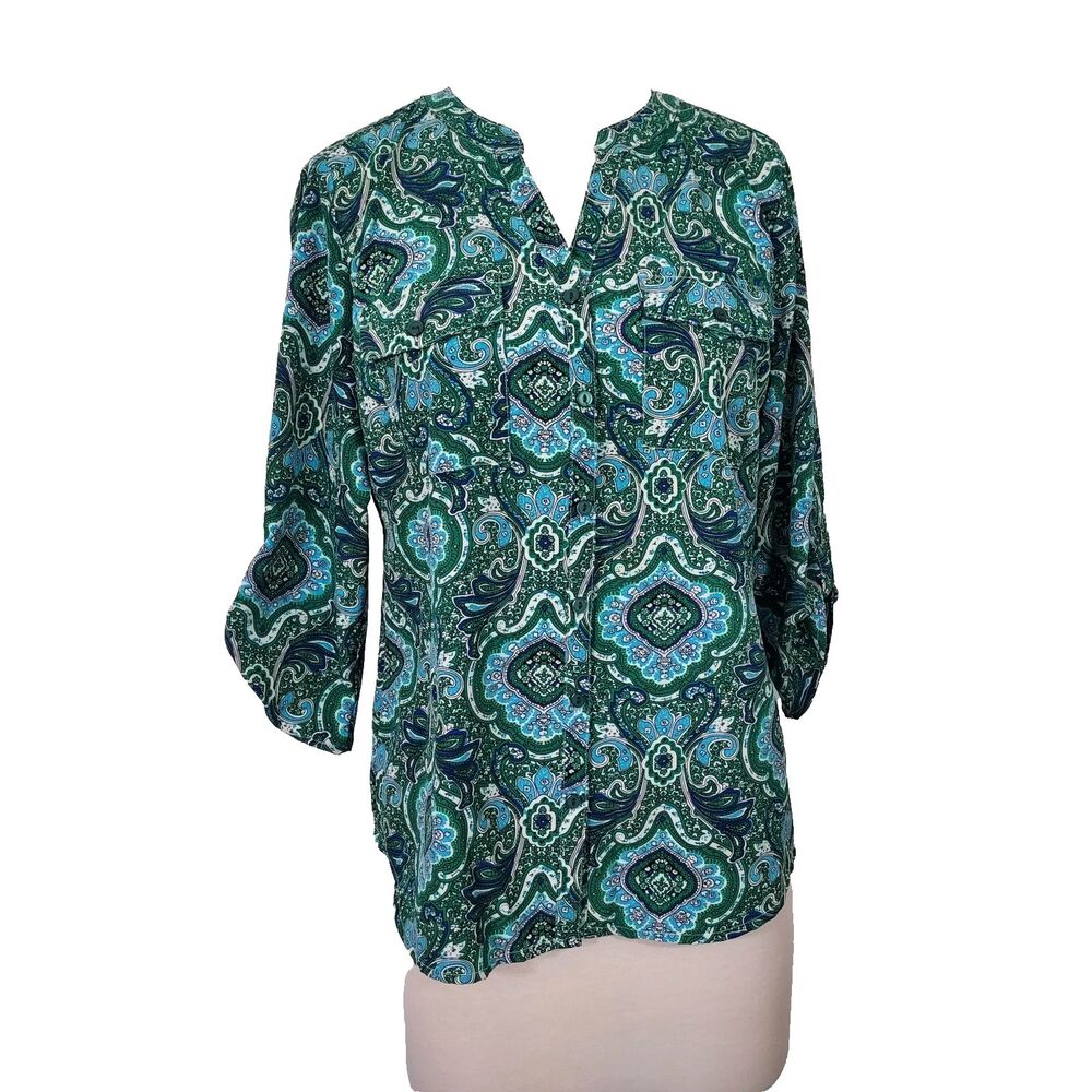 Notations Roll Tab Sleeve Shirt Top Size Medium Button Up Pockets Green White